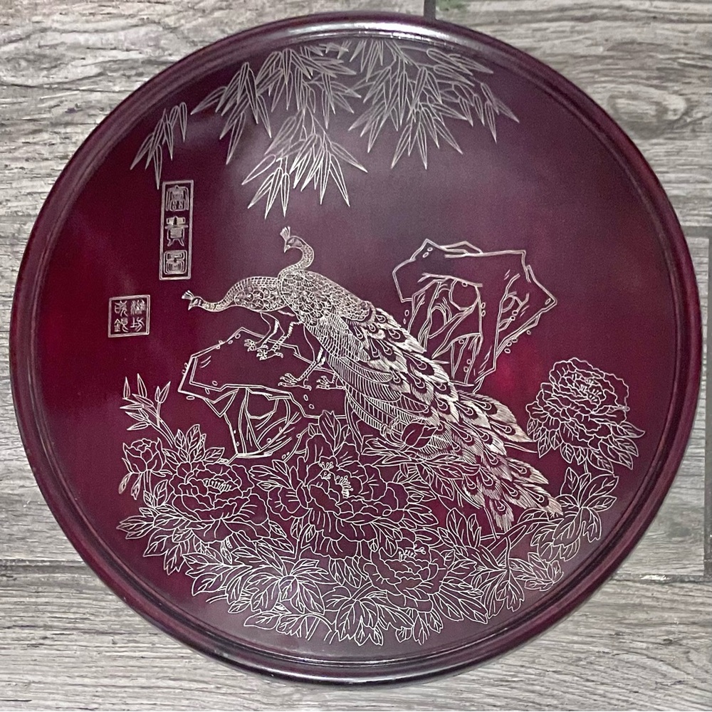 Vintage CHINESE SILVER INLAY Hardwood PEACOCKS PLAQUE / 11.5 Inches / Minor Wear